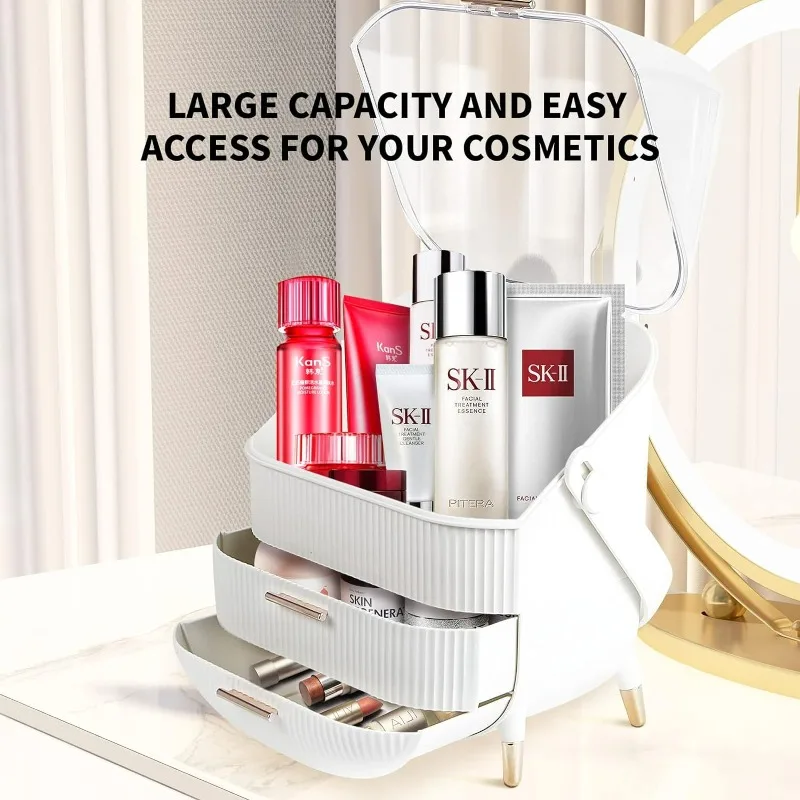 Makeup Organizer, Cosmetics Makeup Storage Box Skincare Organizers with Lid and Drawers, Water & Dust Free, Vanity Organizer For
