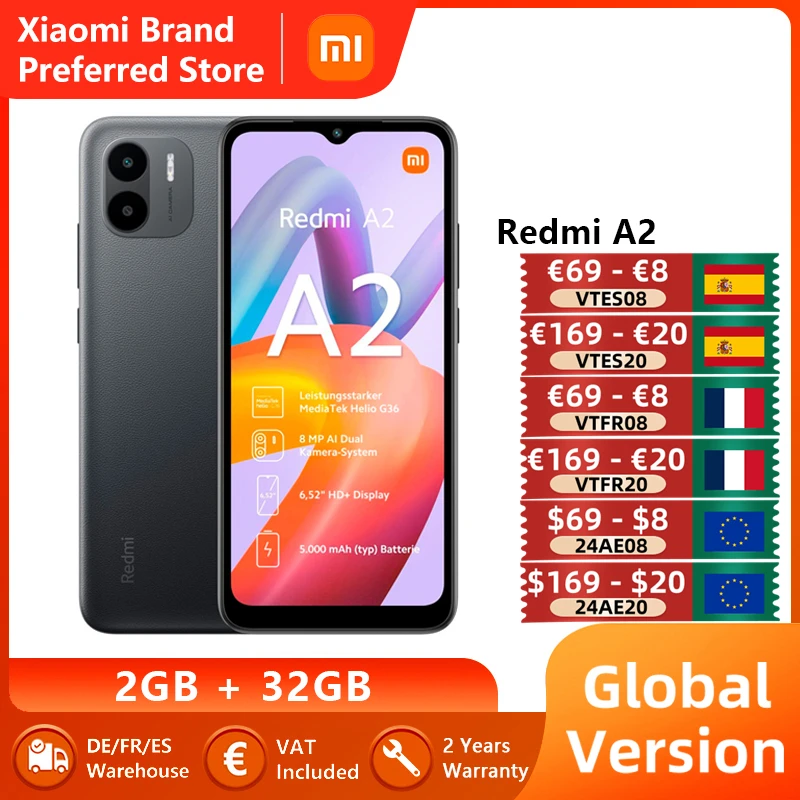 Xiaomi Redmi A2 Versione Globale Smartphone 2Gb/3Gb 32Gb Mtk Helio G36 5000Mah Batteria 6.52 "Hd + Display 8Mp 10W Ricarica Rapida