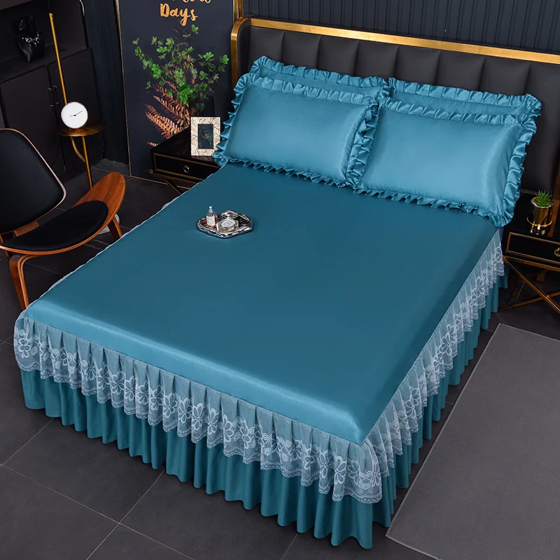 New 3 Pcs/set Modern Royal Blue Bedspread Cool Bed Skirt Machine Washable Sheets Bed Skirt with Elastic Band for Queen King Size 1