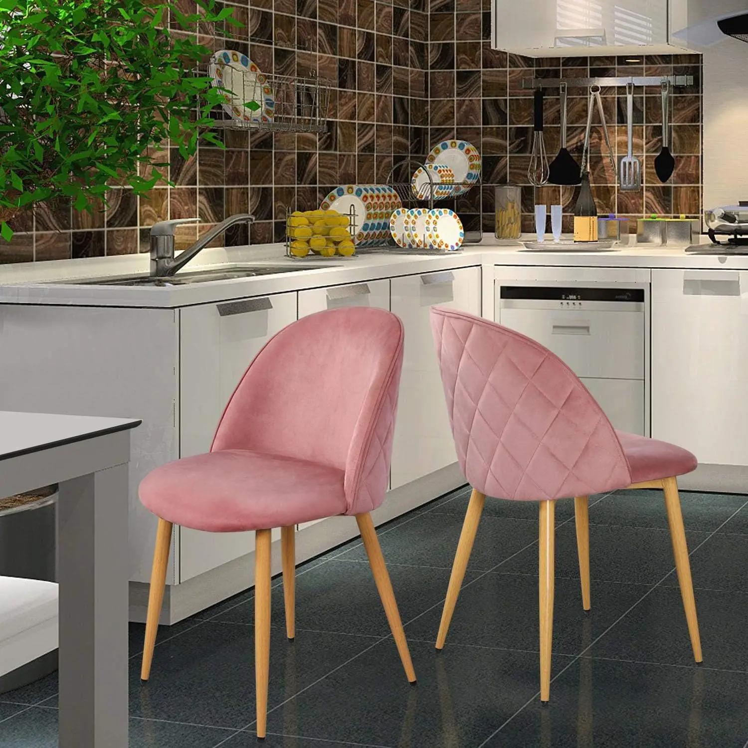 Velvet Dining Pink Dining Set of 2 Upholstered Side Chairs Kitchen Chairs with Soft Velvet Seat Backrest