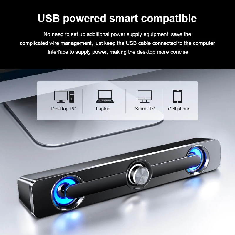 Alto-falante poderoso com fio USB, Barra Estéreo, Baixo Subwoofer, Caixa de Som Surround, LED para PC, Laptop, Telefone, Tablet, MP3