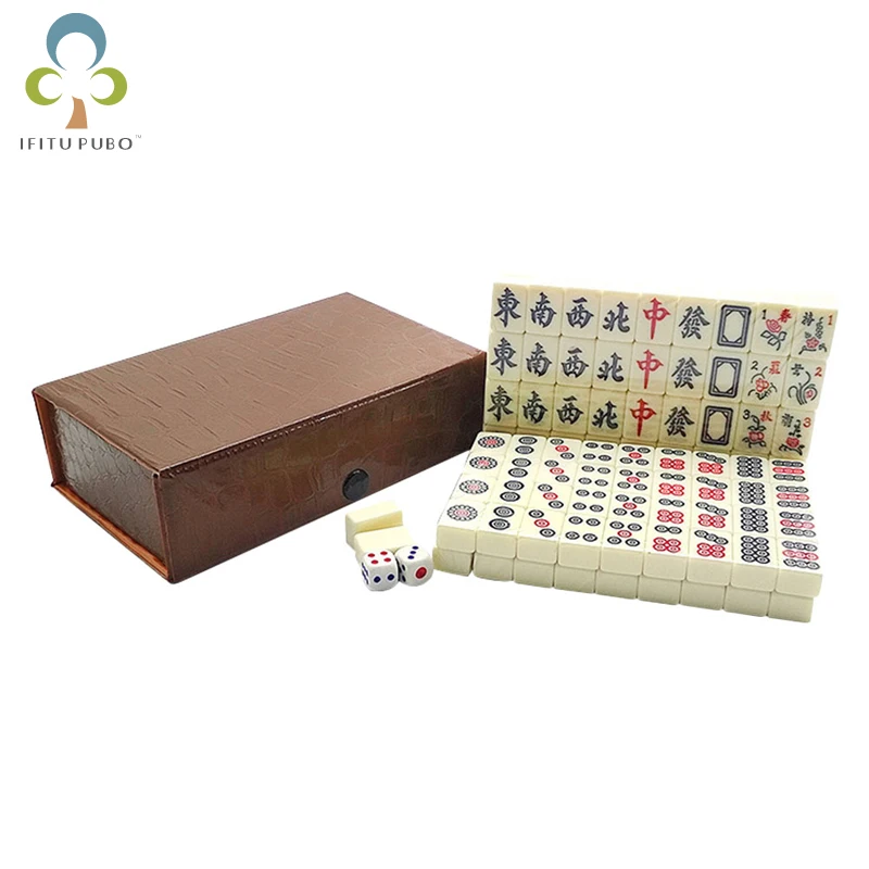 

146Pcs Mahjong Solid Carved Leather Box Set With 2 Dice Multiplayer Interactive Table Game Family Friends Entertainment XPY