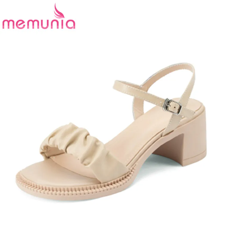 

MEMUNIA 2022 New Pleated Square High Heels Ladies Summer Dress Shoes Solid Big Size Genuine Leather Fashion Sandals Women