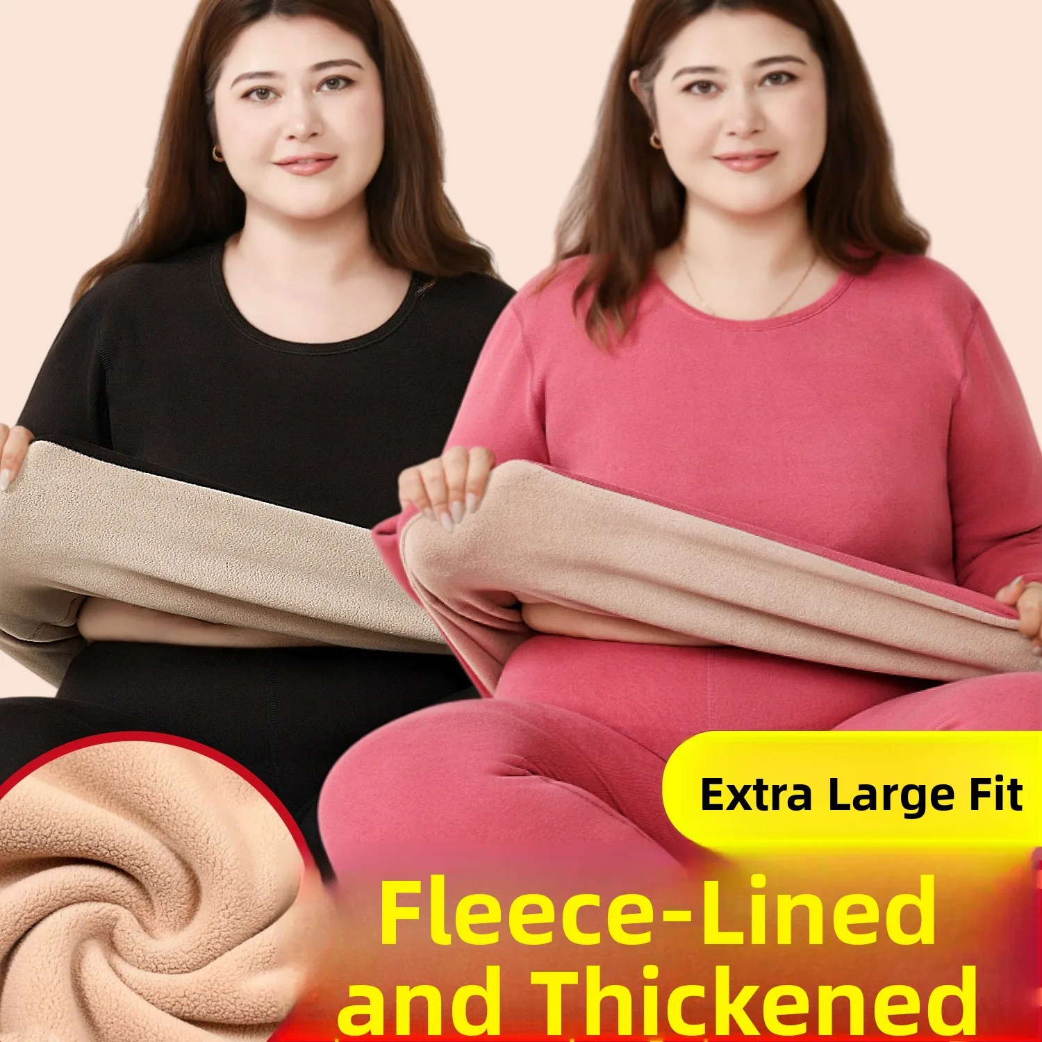 Plus Size Women's Thermal Underwear Set Fleece Lined Thickened One-Piece Lamb Velvet Anti-Cold Winter Clothes Long Sleeve