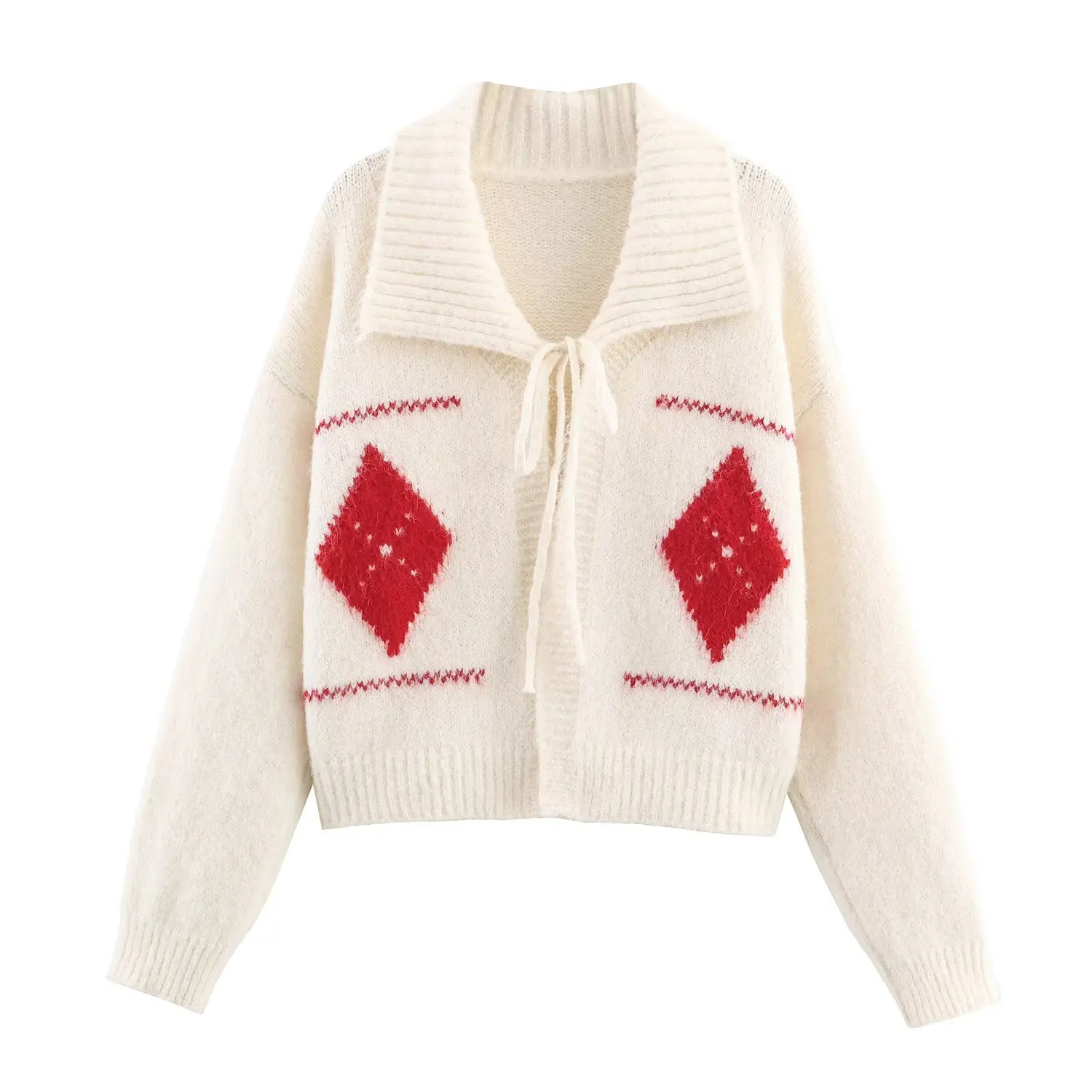 Women British Style Autumn Winter Knitted Cardigan Female V-Neck Diamond Pattern Frenum Long Sleeved Commute Sweater Streetwear