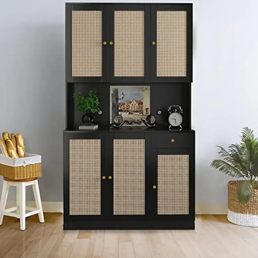71” Kitchen Hutch Buffet Cabinet, Buffet with Hutch, Rattan Freestanding Kitchen Pantry Storage Cabinet with 3 Doors Upstairs