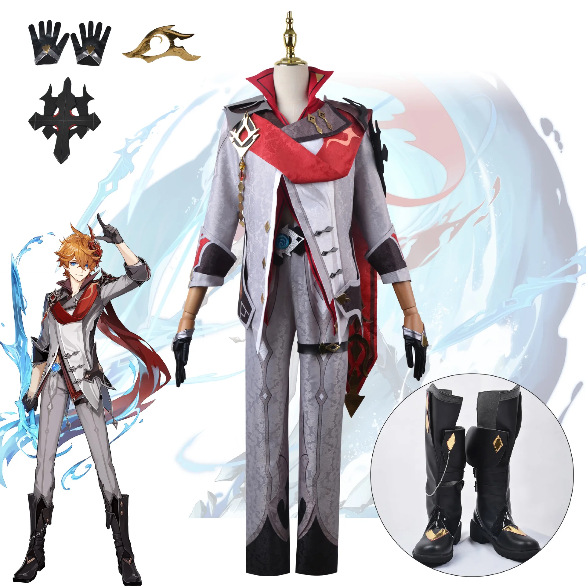 

Genshin Impact Unisex Tartaglia Childe Cosplay Costume Top and Trousers with Scarf and Gloves