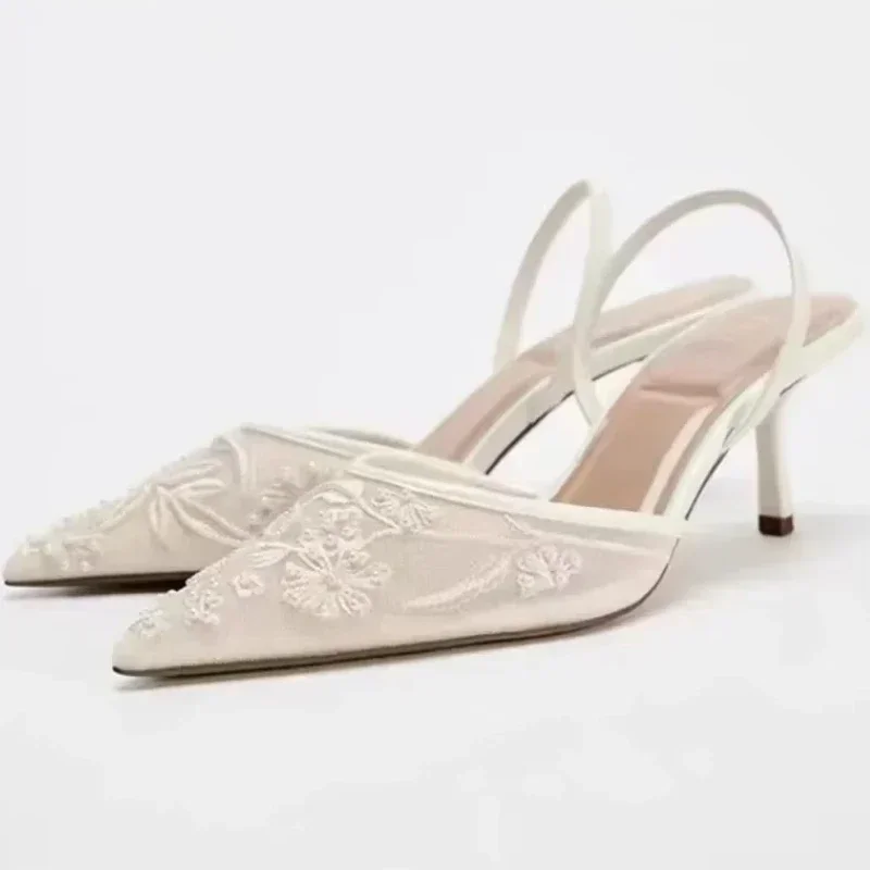 Mesh Embroidered Brand Sandals Women String Bead Thin Heels Mules Shoes Pointed Toe Slingback Slippers Women Zapatos De Mujer - Image 4
