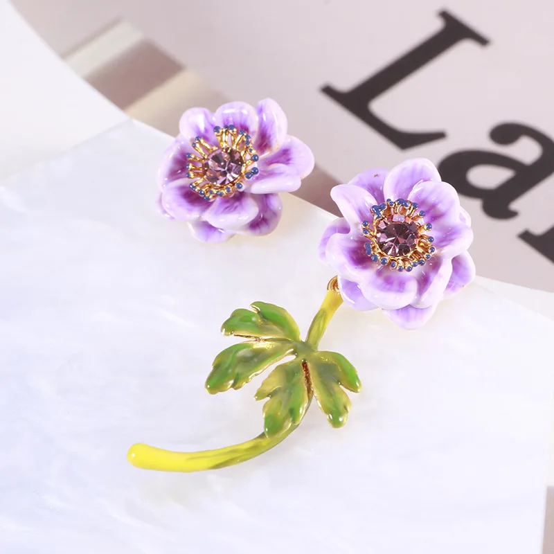 Wholesale Jewelry Enamel Colored Glaze Sparkling Diamonds Purple Flowers Lotus Green Leaves Asymmetrical Sweet Earrings Necklace