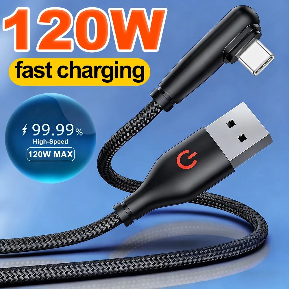 USB Type C 90 Degree Elbow Charger Cable - 120W Quick Charging Nylon Braided Cord