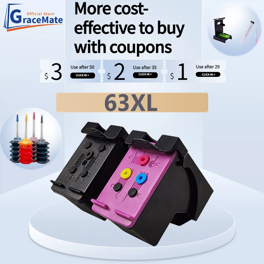 GraceMate 63XL Ink Cartridge Compatible for HP 63 for hp63 Printer Envy 4520 4521 4522 4523 4524 4526 4526 4527 4528 Refill Ciss
