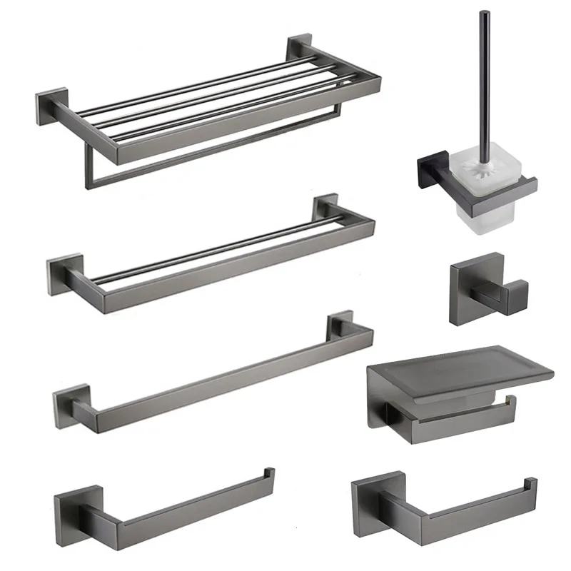 Gunmetal สแตนเลสฮาร์ดแวร์ห้องน้ําชั้นวางผ้าขนหนูที่ใส่กระดาษชําระ, แปรงห้องน้ํา, ตะขอแขวนผ้าเช็ดตัวผู้ถือบาร์สีเทาสแตนเลส 1