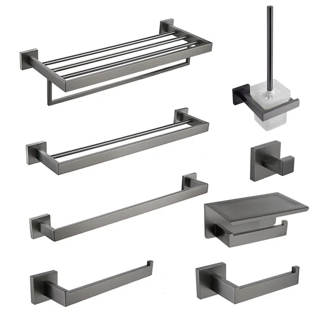 Gunmetal สแตนเลสฮาร์ดแวร์ห้องน้ําชั้นวางผ้าขนหนูที่ใส่กระดาษชําระ, แปรงห้องน้ํา, ตะขอแขวนผ้าเช็ดตัวผู้ถือบาร์สีเทาสแตนเลส 1