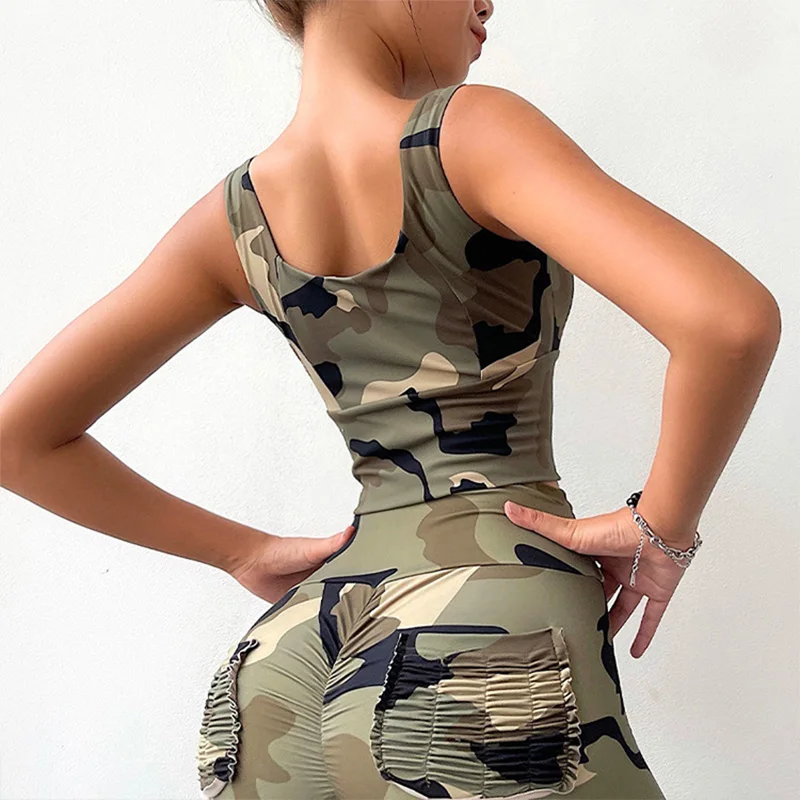 Europe United States Camouflage Printing Front Zipper Sports Bra Gathered Yoga Clothes Pilates Vest Running Fitness Top Women women sports clothing