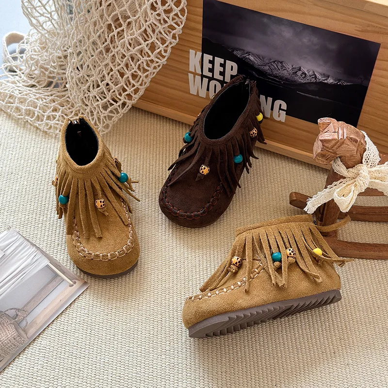Children Ankle Boots Retro Tassels Girls Short Boots Round Toes for Autumn Winter 2025 Fashion Kids Princess Boots Soft Bottom
