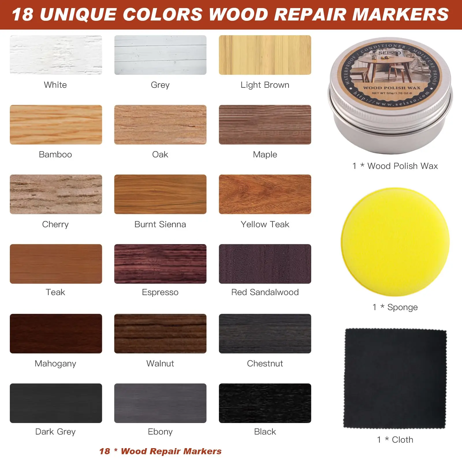18 Colors Furniture Repair Kit Touch Up Markers with Wood Polish Wax Restore Finish Scratches Stains Tables Cabinet Floors