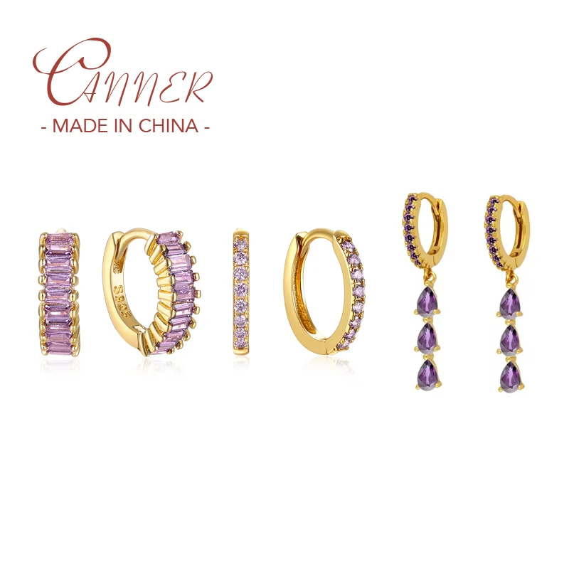 CANNER-Boucles d'oreilles créoles en argent S925 pour femme, bijoux plaqués or 18 carats, cadeaux de luxe, violet