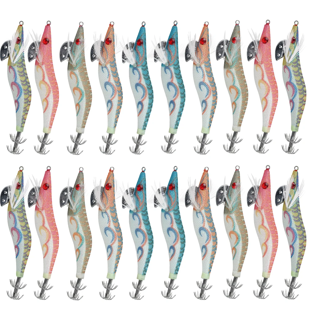 

20PCS Fishing Lure Squid Jig Hook Wooden Shrimp Artificial Fishing Lures Shrimp Hard Plastic Fishing Bait for Octopus Cuttlefish