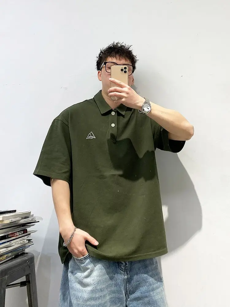 

Korean fashion high-end men clothing retro embroidery loose daily casual short-sleeved Polo shirt lapel handsome simple y2k top