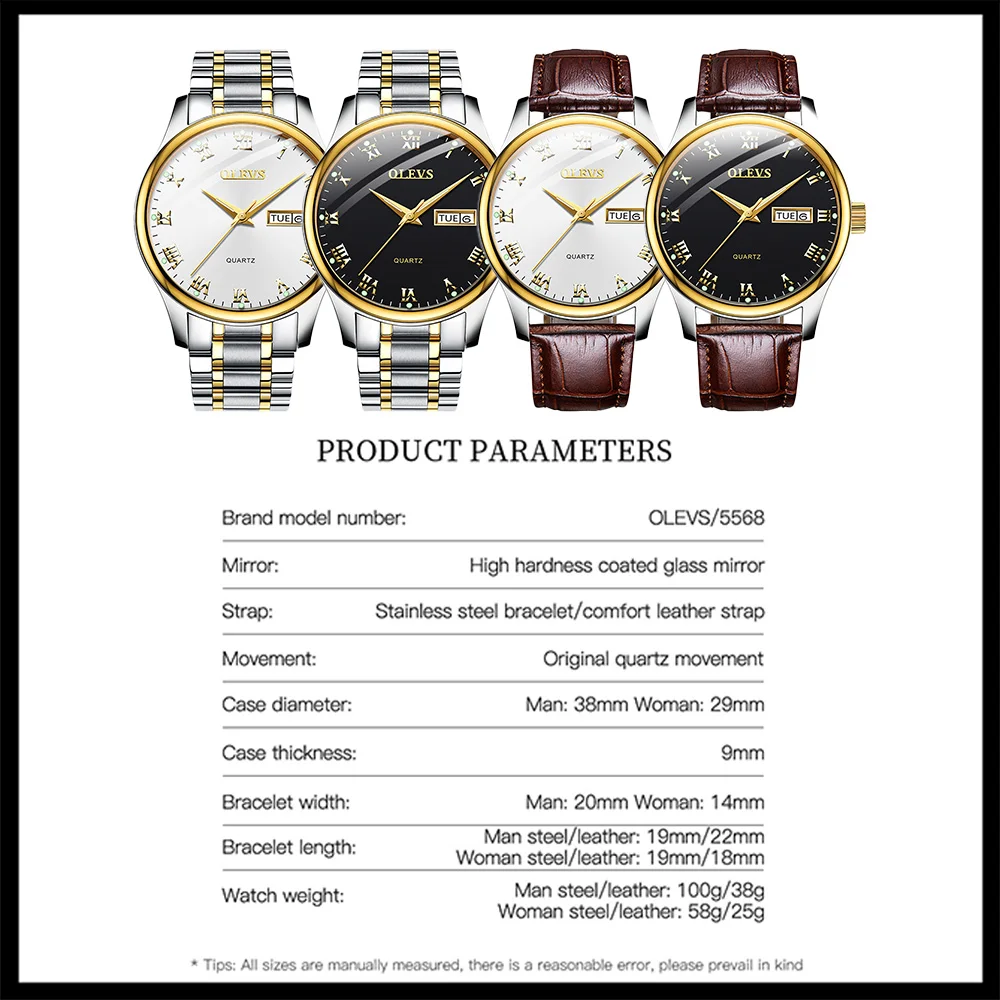OLEVS Original Quartz Watch for Men Luxury Stainless Steel Men's Watches Waterproof Luminous Leather Strap Date Week Wristwatch