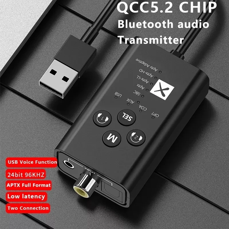 

24-битный Bluetooth 5,2 аудио передатчик Qualcomm QCC3056 aptX LL HD адаптивный USB 3,5 мм AUX оптоволоконный коаксиальный беспроводной адаптер