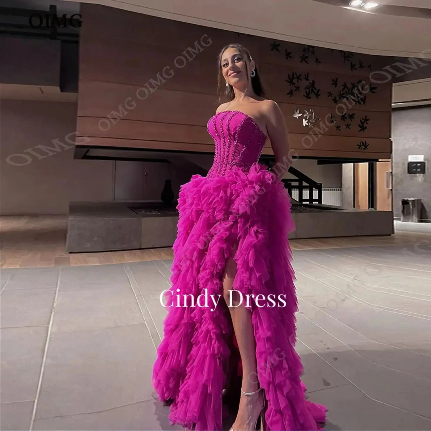Hot Pink Ruffled Tulle Party Dresses Strapless Crystals فساتين السهرة High Slit Elegant Long Prom Gown Women Formal Dress Custom