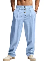 Nouveaux pantalons respirants décontractés en coton et lin pour hommes, pantalons de sport de rue à la mode, pantalons droits amples de plage et d'extérieur 2
