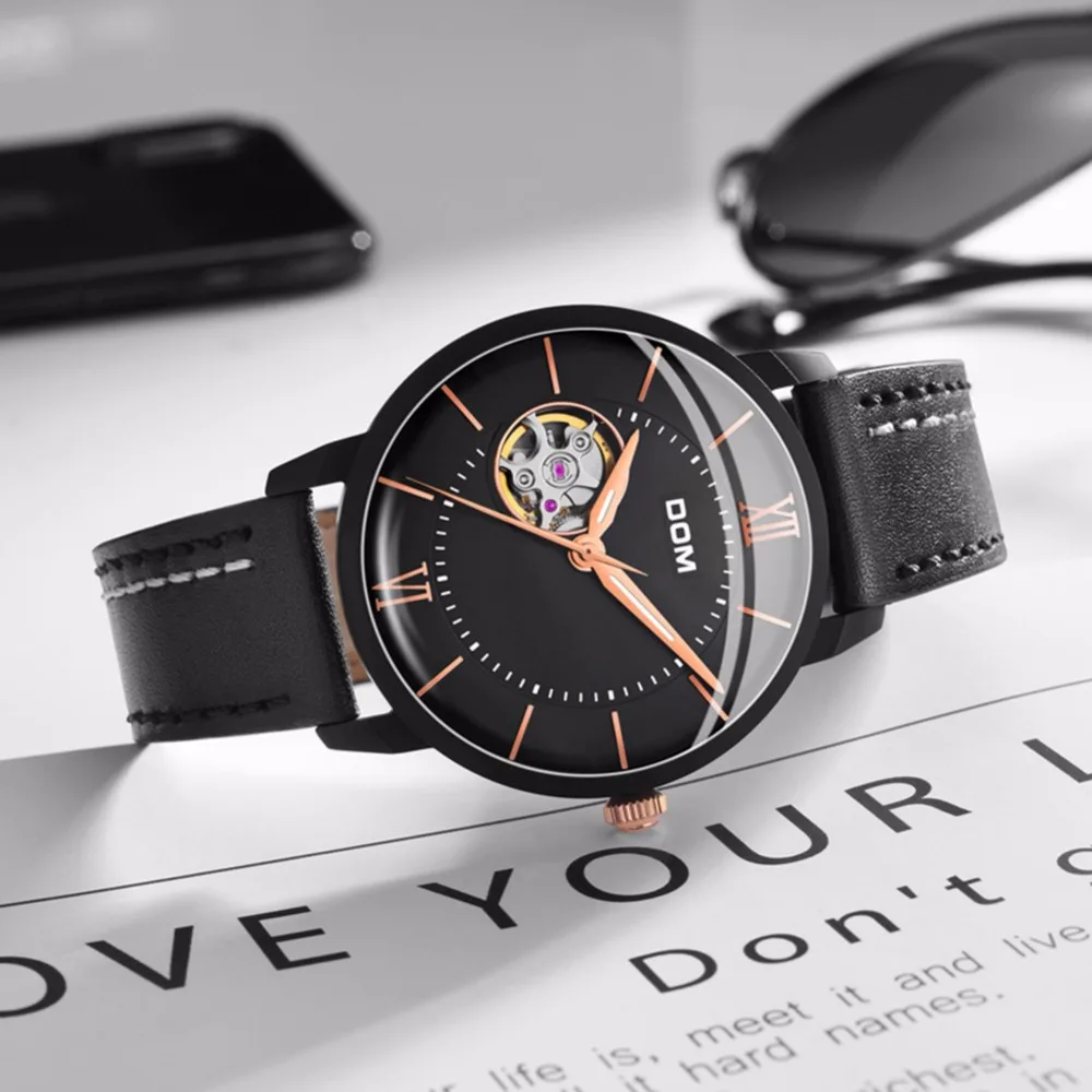 DOM Brand New Mens Fashion Watches Automatic Mechanical Watch Tourbillon Clock Genuine Leather Waterproof Business Wristwatch