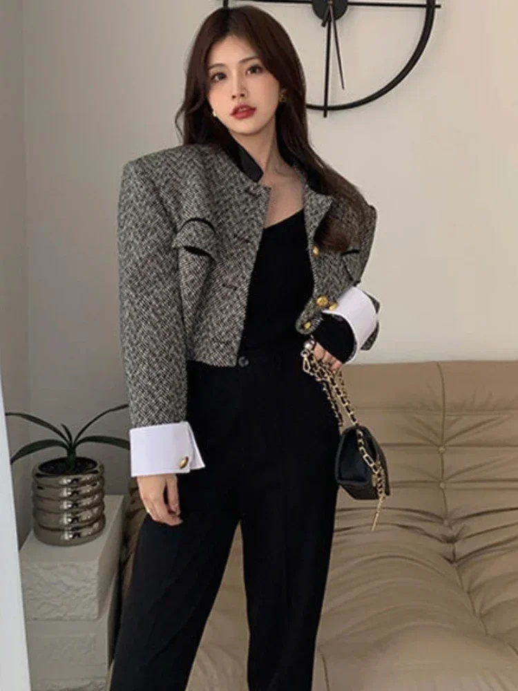 

Woherb New Fashion Korean Chic Vintage Tweed Jacket Coat Women Contrast Color Cropped Jackets Elegant Office Lady Outwear Z725