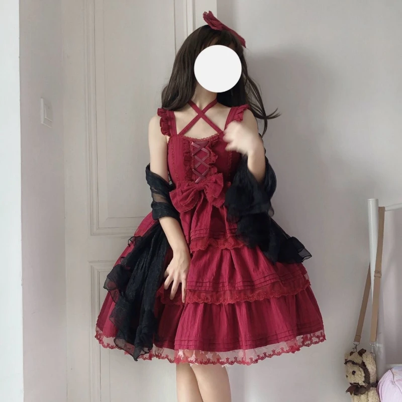 Japanese Red Sweet Lolita Princess Dress Kawaii Palace Style Lace Bow Fairy Cosplay Gothic Party Mini Dresses Lolita Jsk Outfit lolita dress lolita suspender dress lolita cosplay costumes
