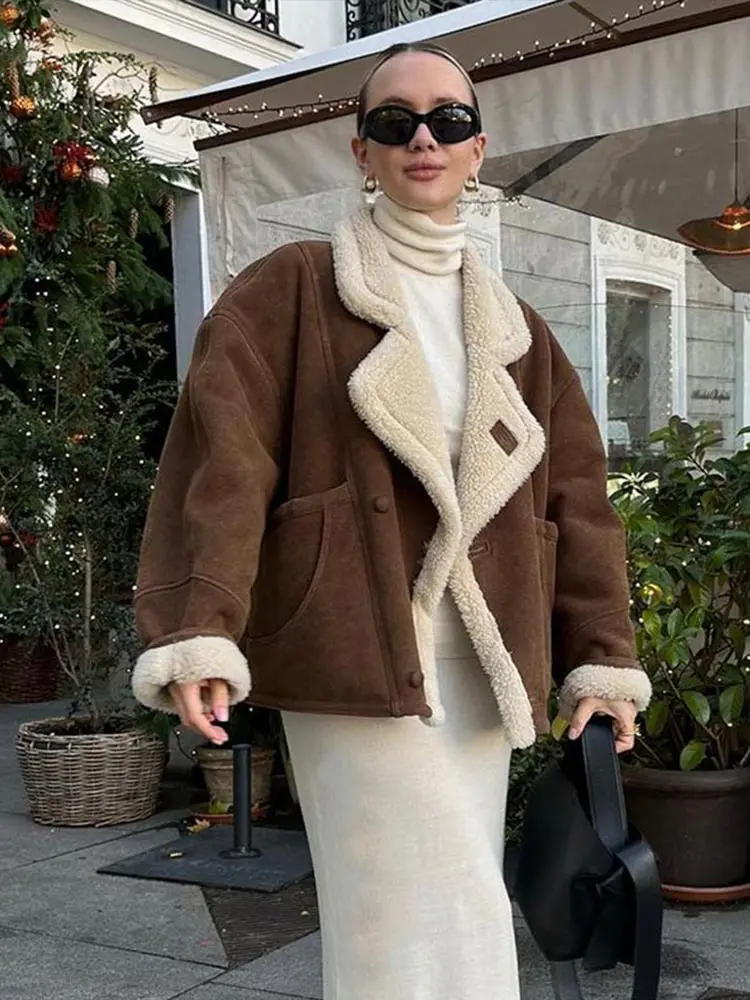 Vintage Faux Leather Warm Coat Thick Fluffy Splicing Big Lapel Coats Female Long Sleeve Outerwear Winter Lady Street Jackets 6