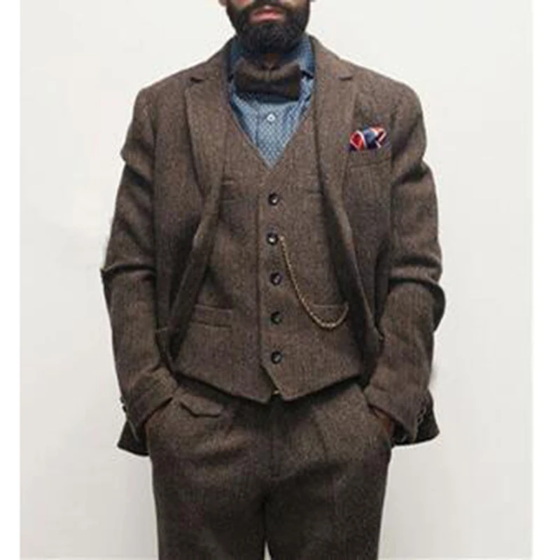 2023 Navy Blue Wool Tweed Male Suit for Winter Herringbone Groomsmen Wedding Tuxedos Formal Prom Party Men Clothes 3 Pieces 2