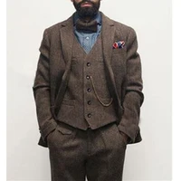 2023 Navy Blue Wool Tweed Male Suit for Winter Herringbone Groomsmen Wedding Tuxedos Formal Prom Party Men Clothes 3 Pieces 2