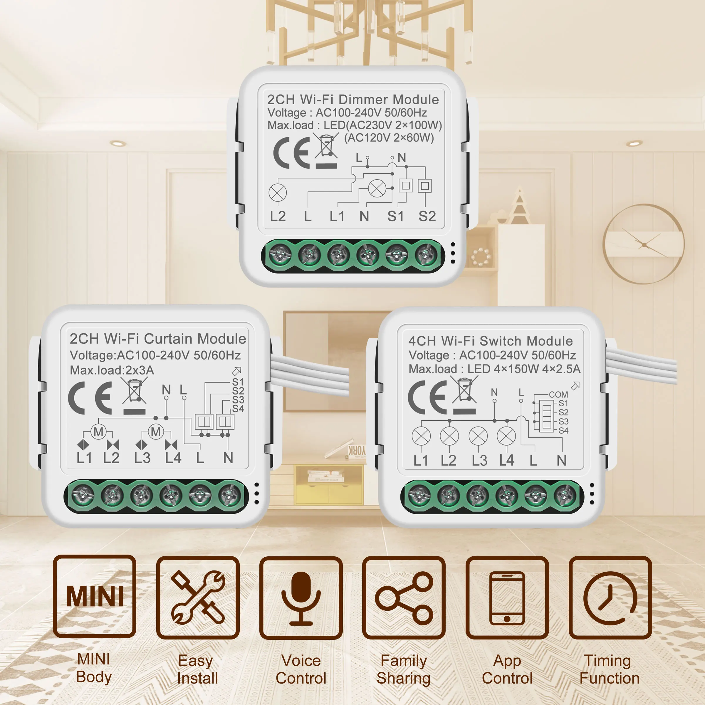 Smart switch modules GIRIER Tuya Smart WiFi Light/Curtain/Dimmer Switch Modules Support 2 Way Control Works with Alexa Hey Google Alice No Hub Needed