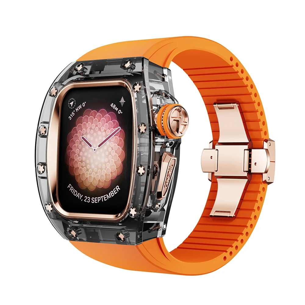 

Crystal Mod Kit for Apple Watch 44mm 45mm Luxury Fashion Retrofit Case Viton Strap iWatch Series 9 8 7 6 5 4 SE orange band