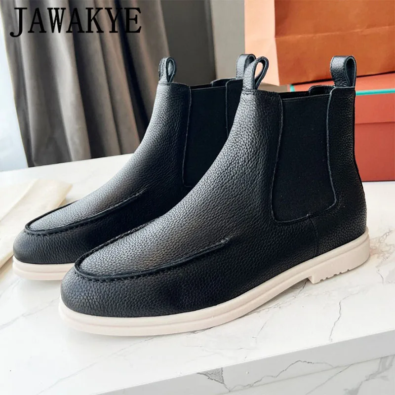 

Hot Sale Leather High Top Elastic Slip-on Flat Loafers Shoes Men Casual Round Toe Ankle Boots Male Brand Plus Size Walking Shoes