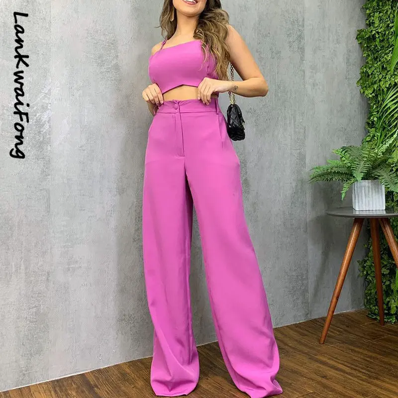 

LKF 2023 Новый Модный повседневный костюм однотонные регулируемые подтяжки брюки с высокой талией комплект из двух предметов