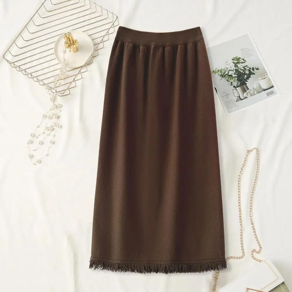 

High Waist Skirt High Waisted Skirt Elegant High Waist Knitted Winter Skirt with Tassel Decor Pleated Sheath Design for Women