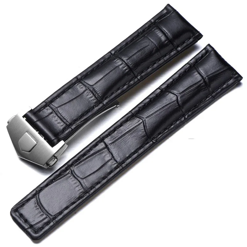 Genuine Leather Watch Strap - Black & Brown Adjustable Bracelet
