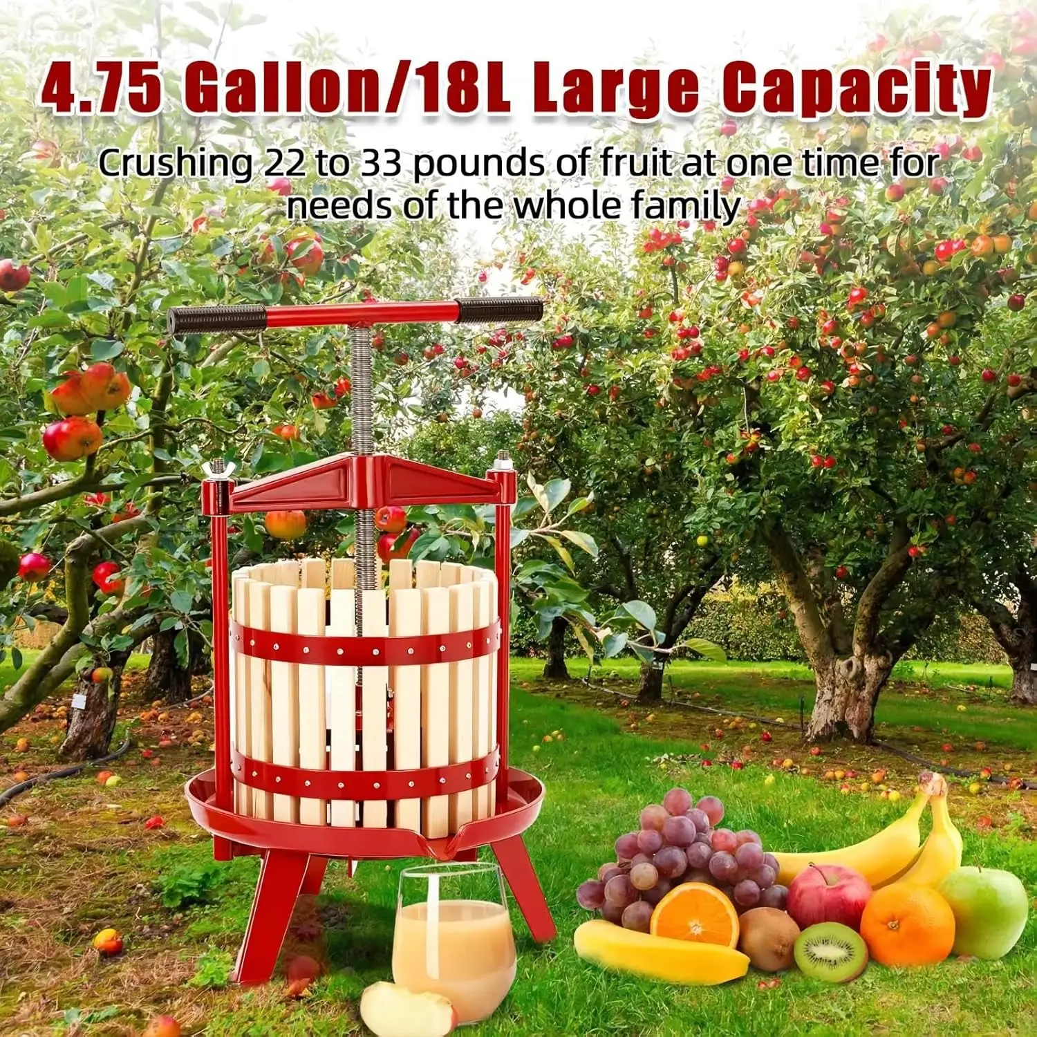 Manual Fruit Wine Press 4.75 Gal, Wood Steel Fruit and Wine Press with T-Handle, Stable Triangular Structure, Making