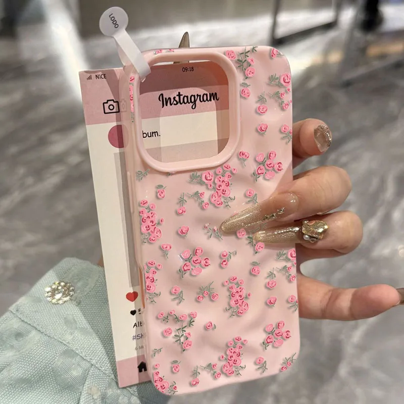 Elegant Pink Floral Pattern Shockproof TPU Phone Case with Textured Soft Cover