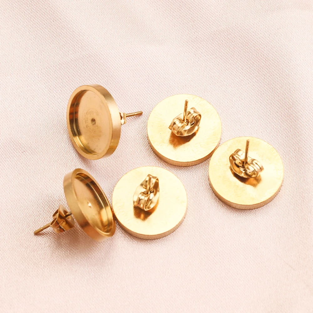 

10pcs 6/8/10/12mm Gold-Plate Stainless Steel Flat Earring Settings Blank Earrings Base Cabochon Tray for DIY Jewelry Supplies