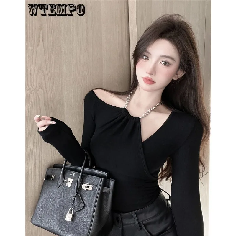 

Off Shoulder Neck Chain Knit Pullover Black Sexy Hotsweet Women Long Sleeve Top Slim Irregular Hollow Hottie Korean Fashion Fall