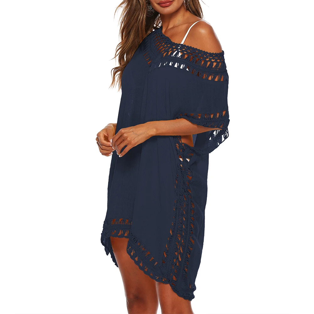 mesh bikini cover up 2021 Sexy Women Loose Beach Dress Tunic Solid Bikini Cover UP Swimsuit Beachwear Swimwear Hollow Out Beach Dress Robe De Plage shein bathing suit cover ups