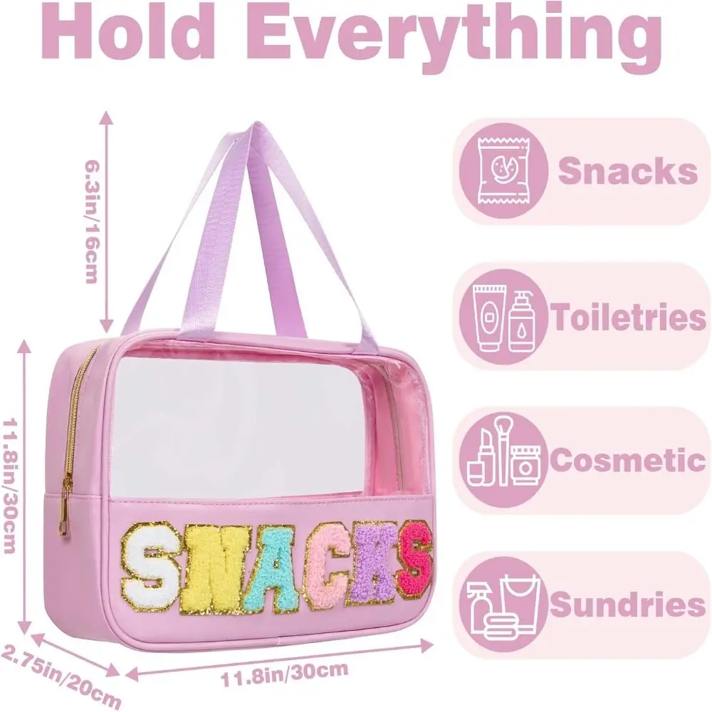Chenille Letter Patch Snack Bags PVC Zipper Clear Bag Plush Cosmetic Bag