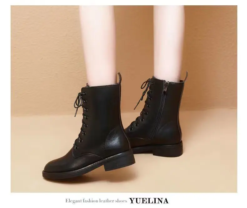 Mode Spitz Frauen Vielseitige Leder Stiefel Nicht-slip Chunky Heels Externe Tragen Trend Schuhe Schwarz Lace Up Weibliche boot – Detail 6