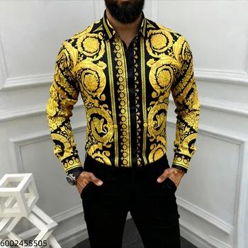 Camicia da Uomo, Ultime Novità Primavera-Autunno, Camicia Elegante di Lusso a Maniche Lunghe con Stampa 3D, Top con Stampa Sole
