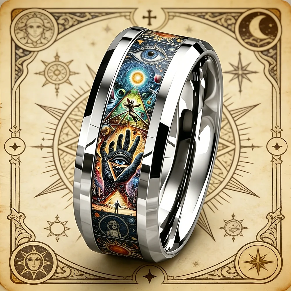Vintage Men Stainless Steel Ring with Mystical Esoteric Tarot & All Seeing Eye Pattern Inlay Rings for Men Women Wedding Jewelry 1
