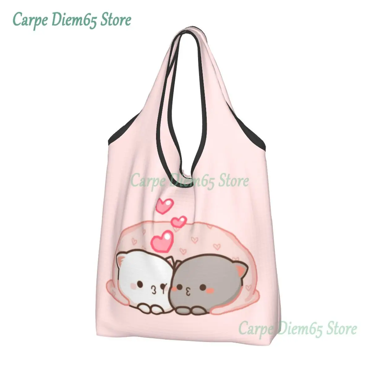 

Custom Cute Mochi Cat Peach And Goma Love Kiss Shopping Bags Women Portable Big Capacity Groceries Tote Shopper Bags