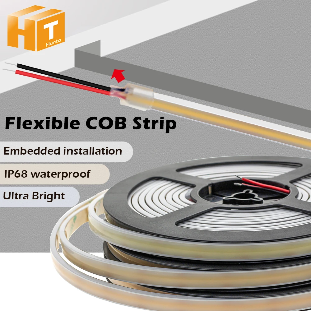 Flexible COB LED Strip Ultra Bright DC12/24V 3000K 4000K 6000K 480LED/m IP68 Waterproof Double-sided Tape 5m/lot